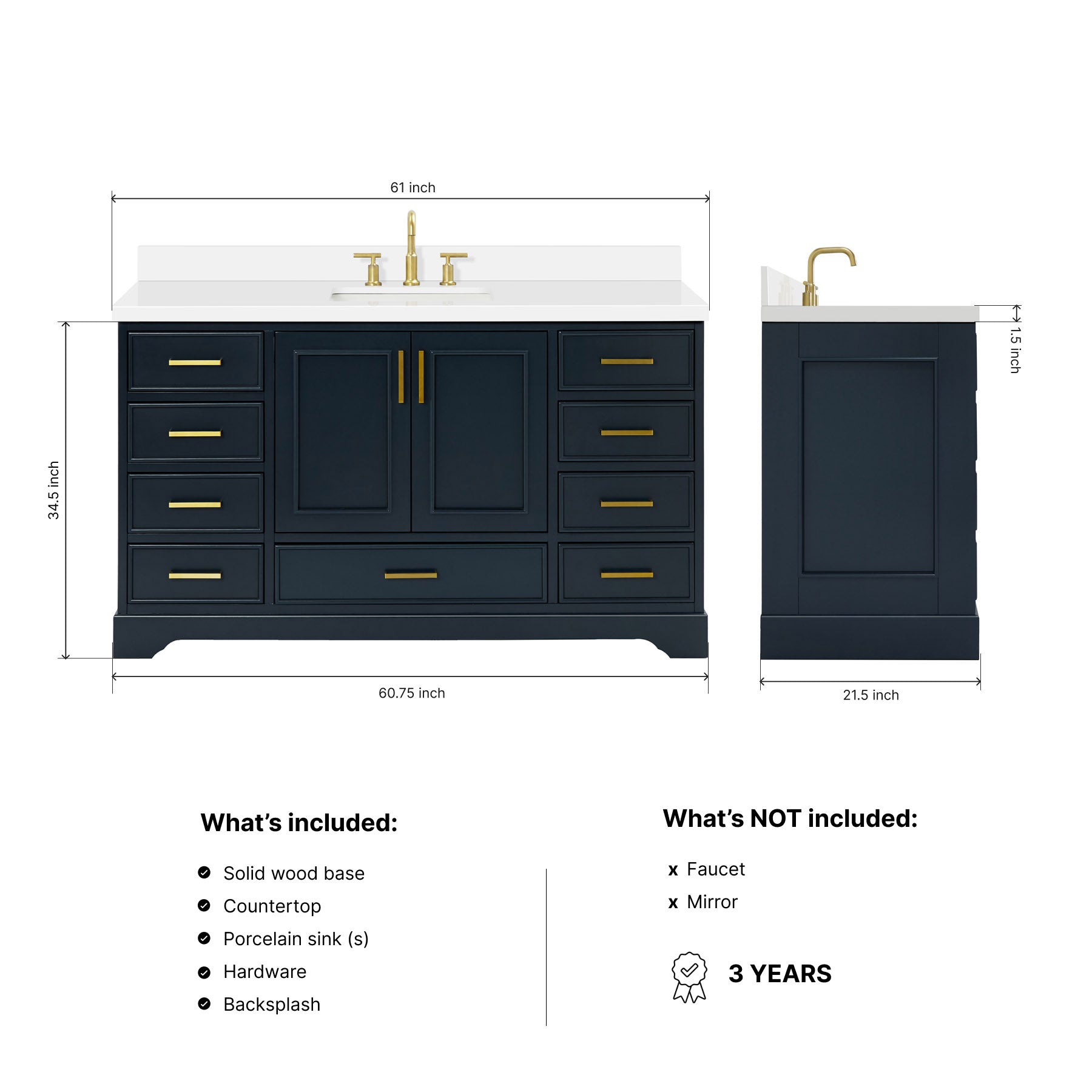 Langford 60-inch Midnight Blue bathroom vanity on dimensions