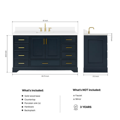 Langford 60-inch Midnight Blue bathroom vanity on dimensions