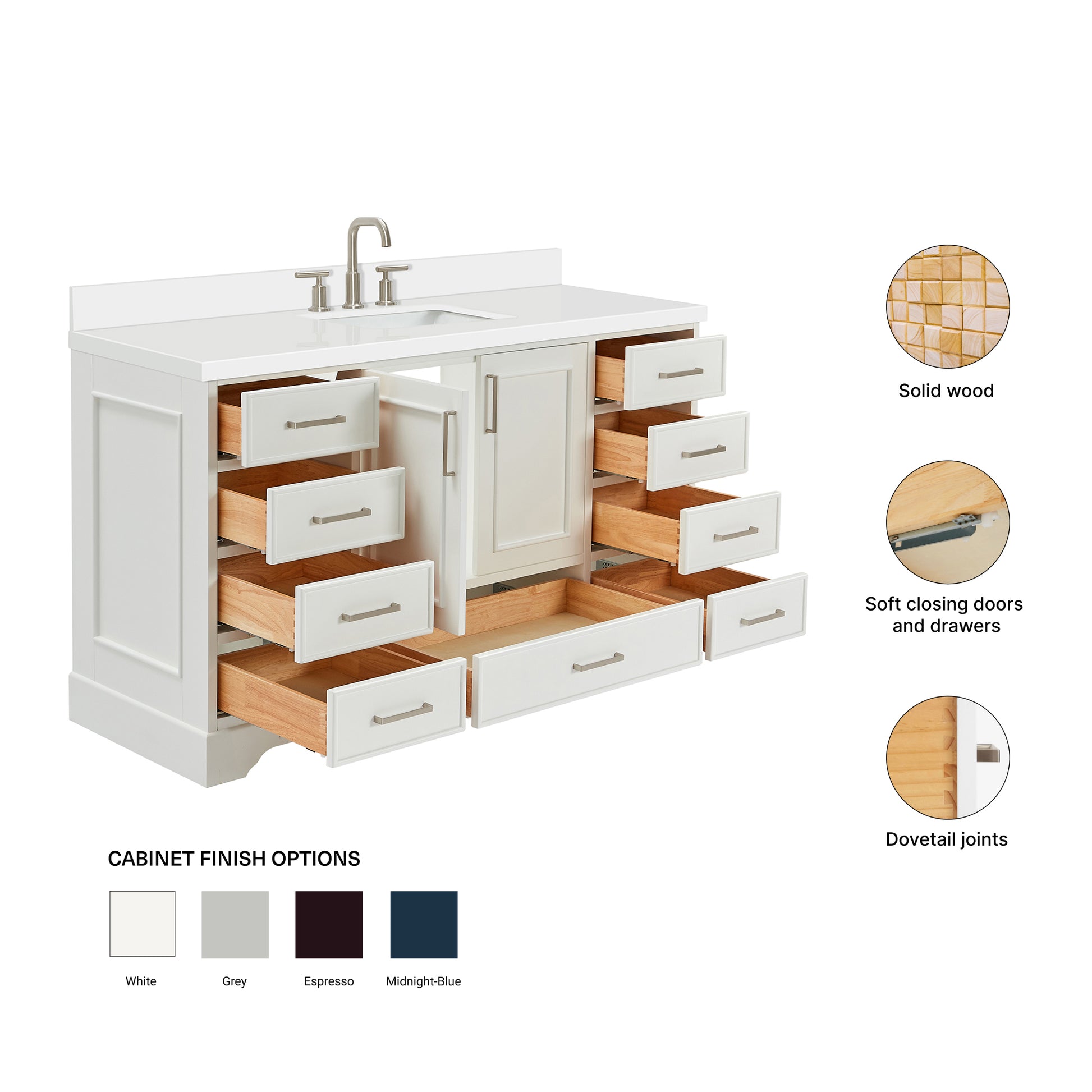 Langford 60-inch White bathroom vanity on feature highlights: solid wood frame, soft-close doors and drawers, Sherwin-Williams paint finish