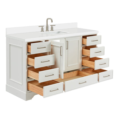 Langford 60-inch White bathroom vanity on white back ground side view open door