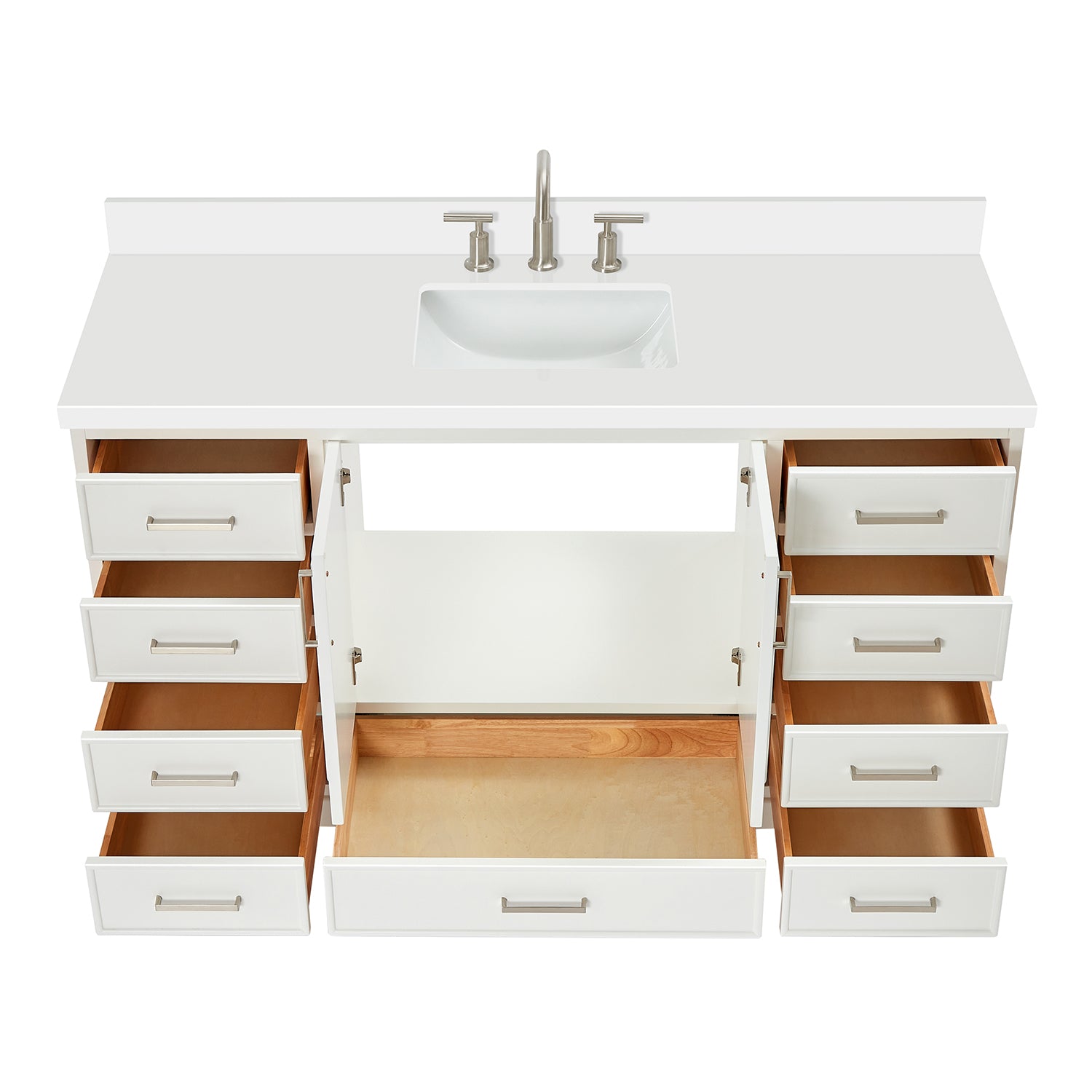 Langford 60-inch White bathroom vanity on white back ground front view open door