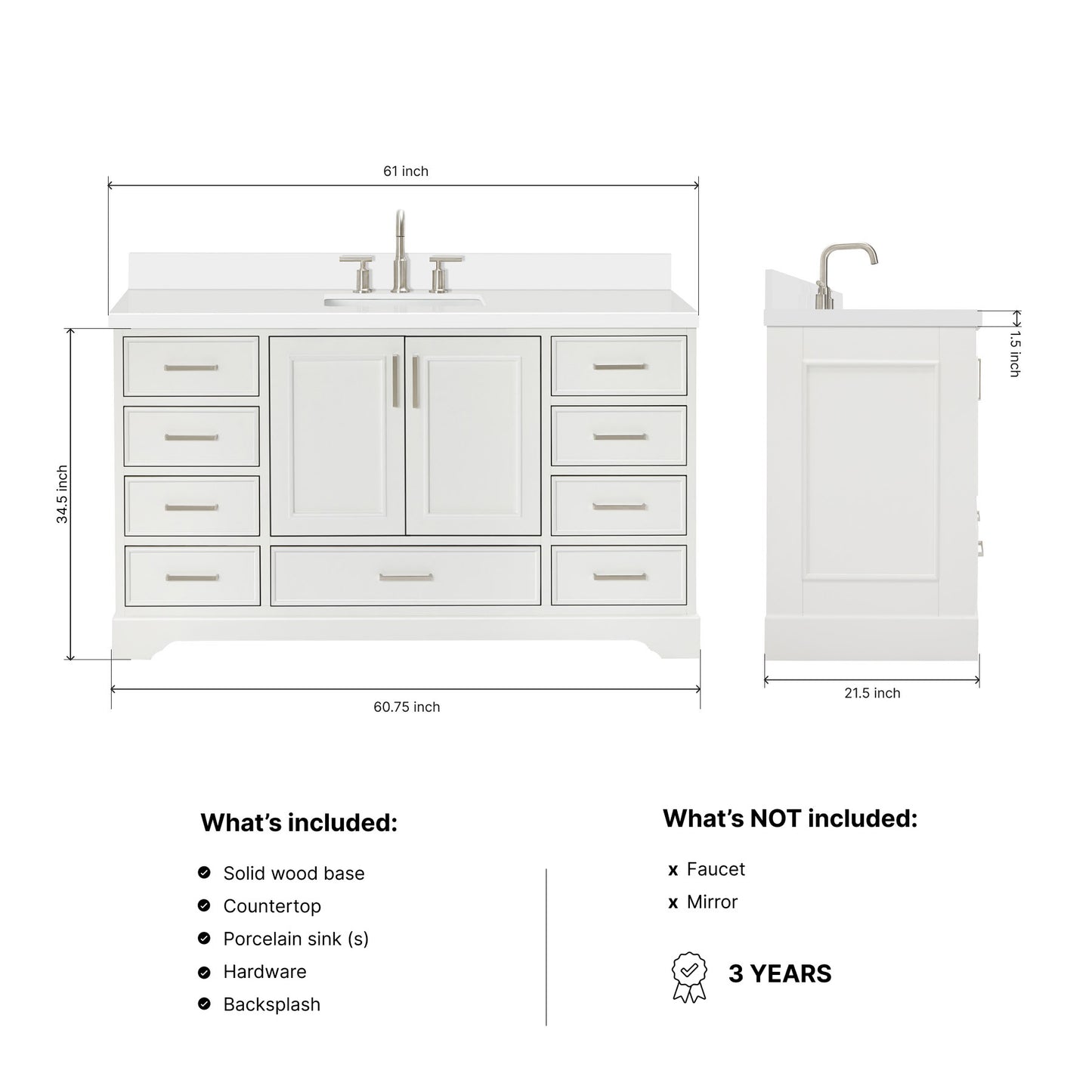 Langford 60-inch White bathroom vanity on dimensions