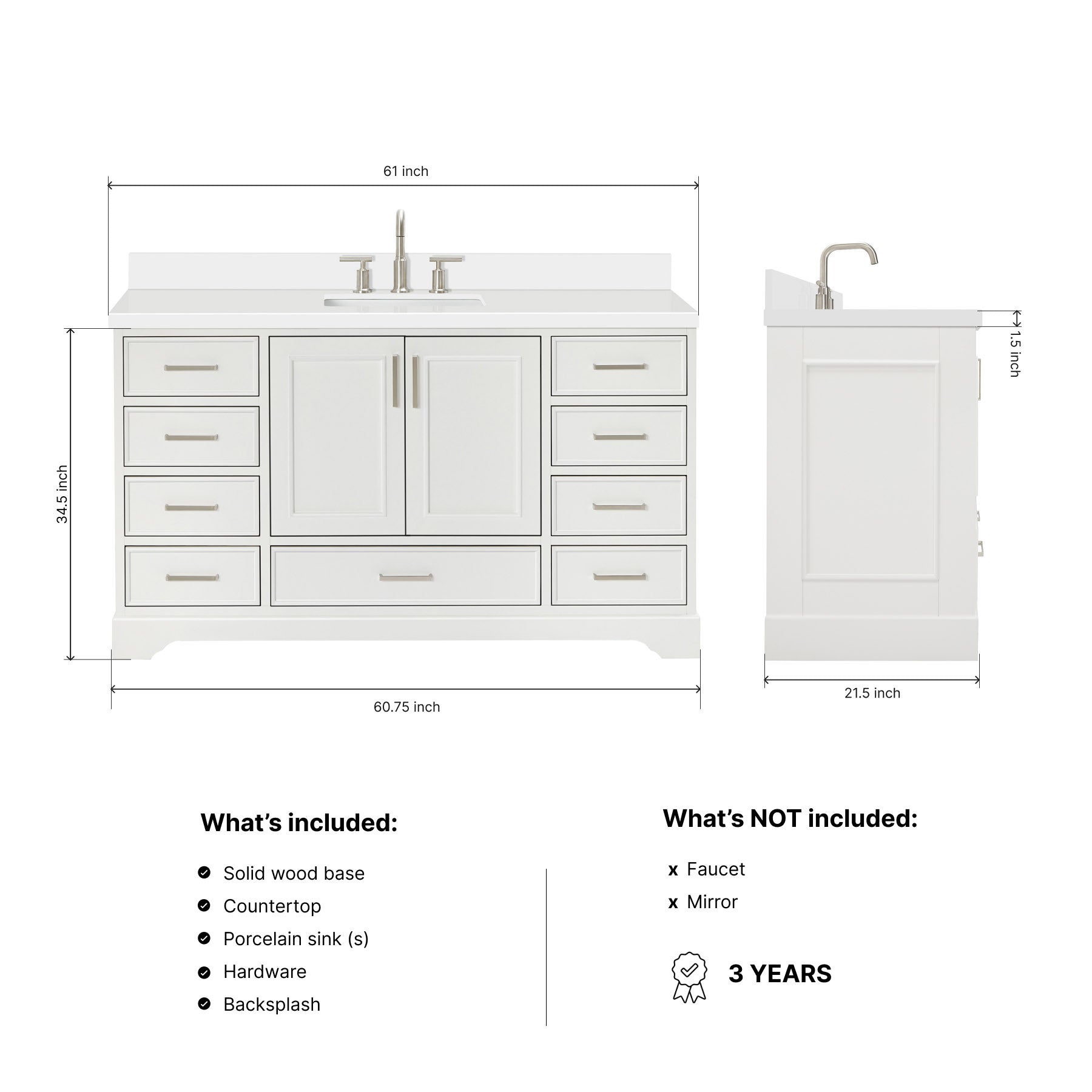 Langford 60-inch White bathroom vanity on dimensions