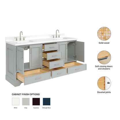 Langford 72-inch Grey bathroom vanity on feature highlights: solid wood frame, soft-close doors and drawers, Sherwin-Williams paint finish