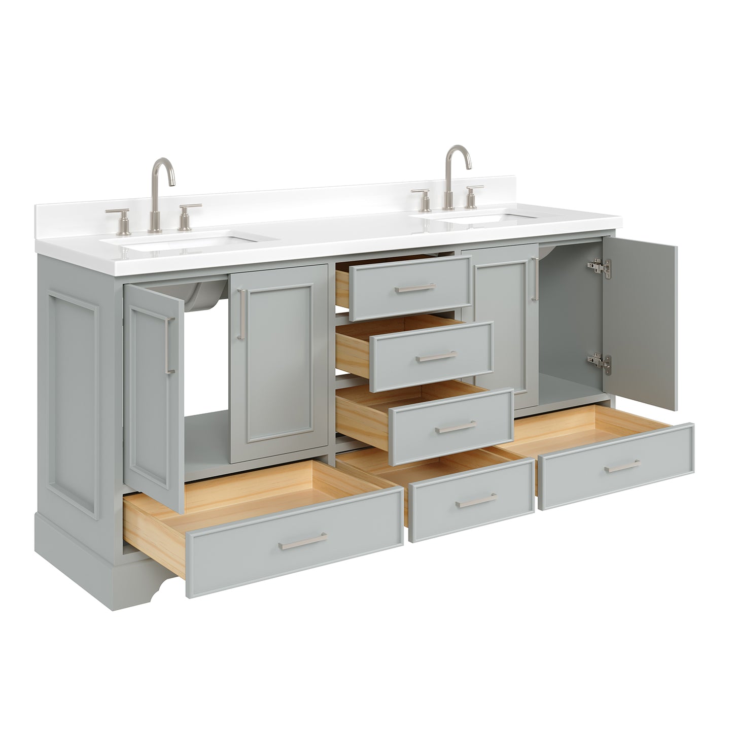 Langford 72-inch Grey bathroom vanity on white back ground side view open door