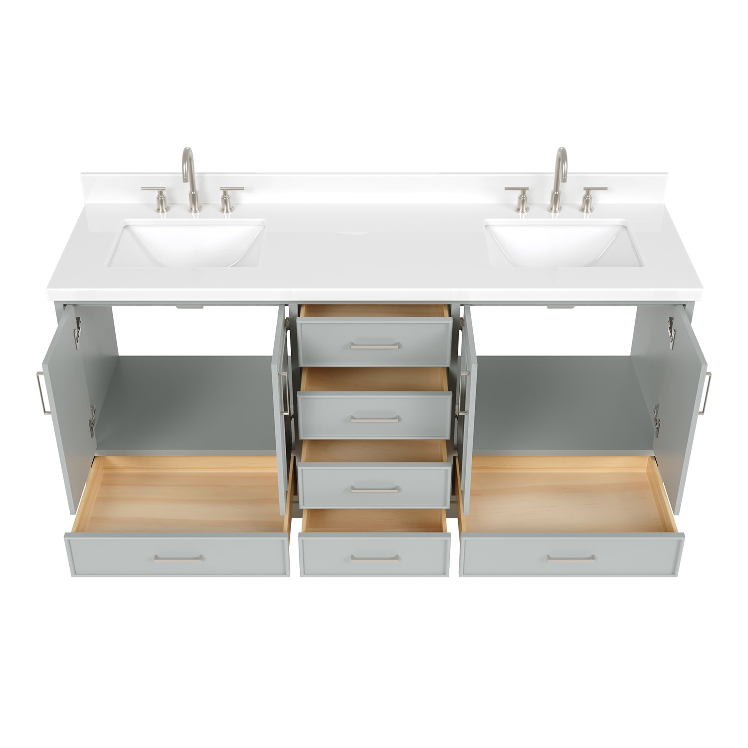 Langford 72-inch Grey bathroom vanity on white back ground front view open door