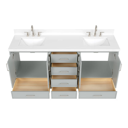 Langford 72-inch Grey bathroom vanity on white back ground front view open door