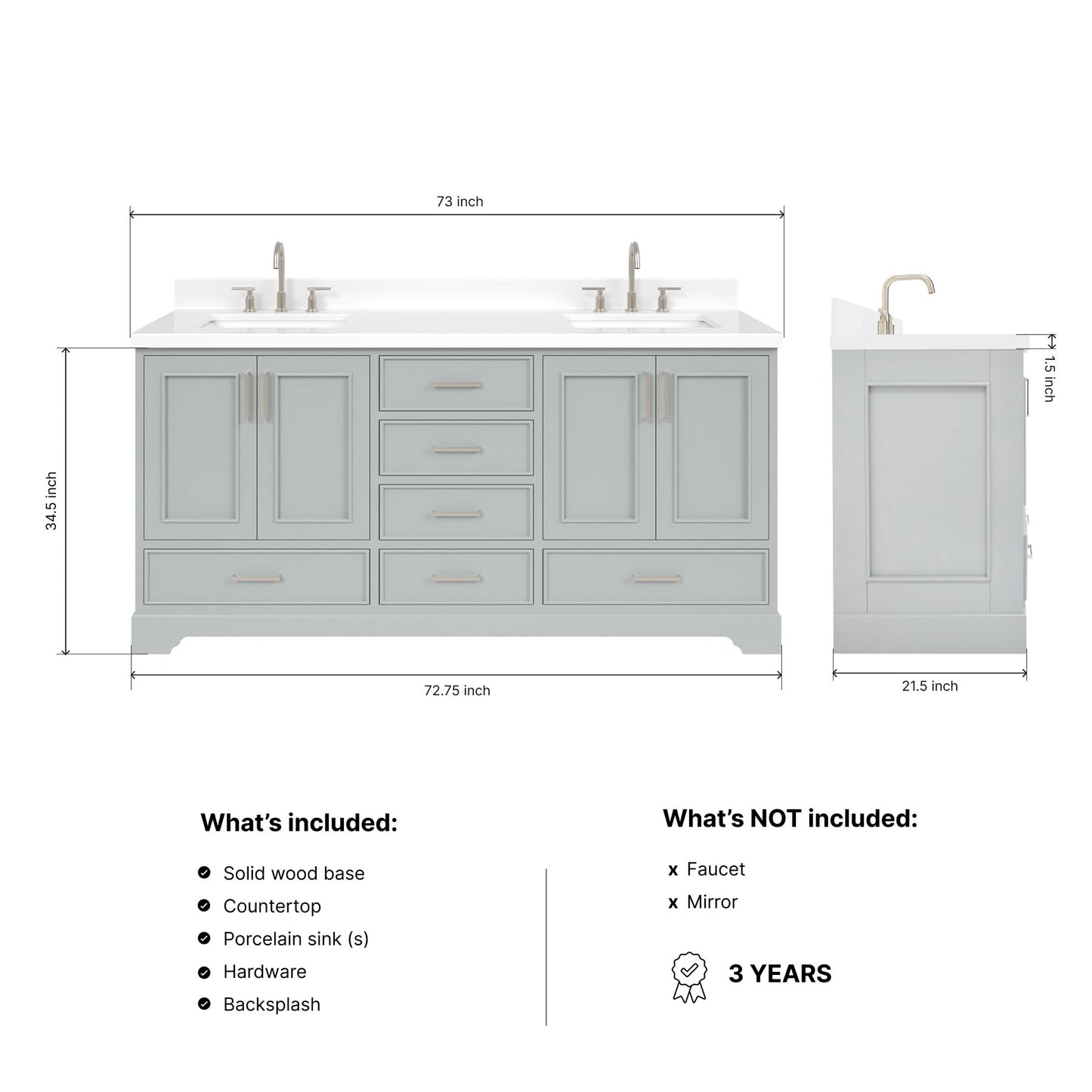 Langford 72-inch Grey bathroom vanity on dimensions