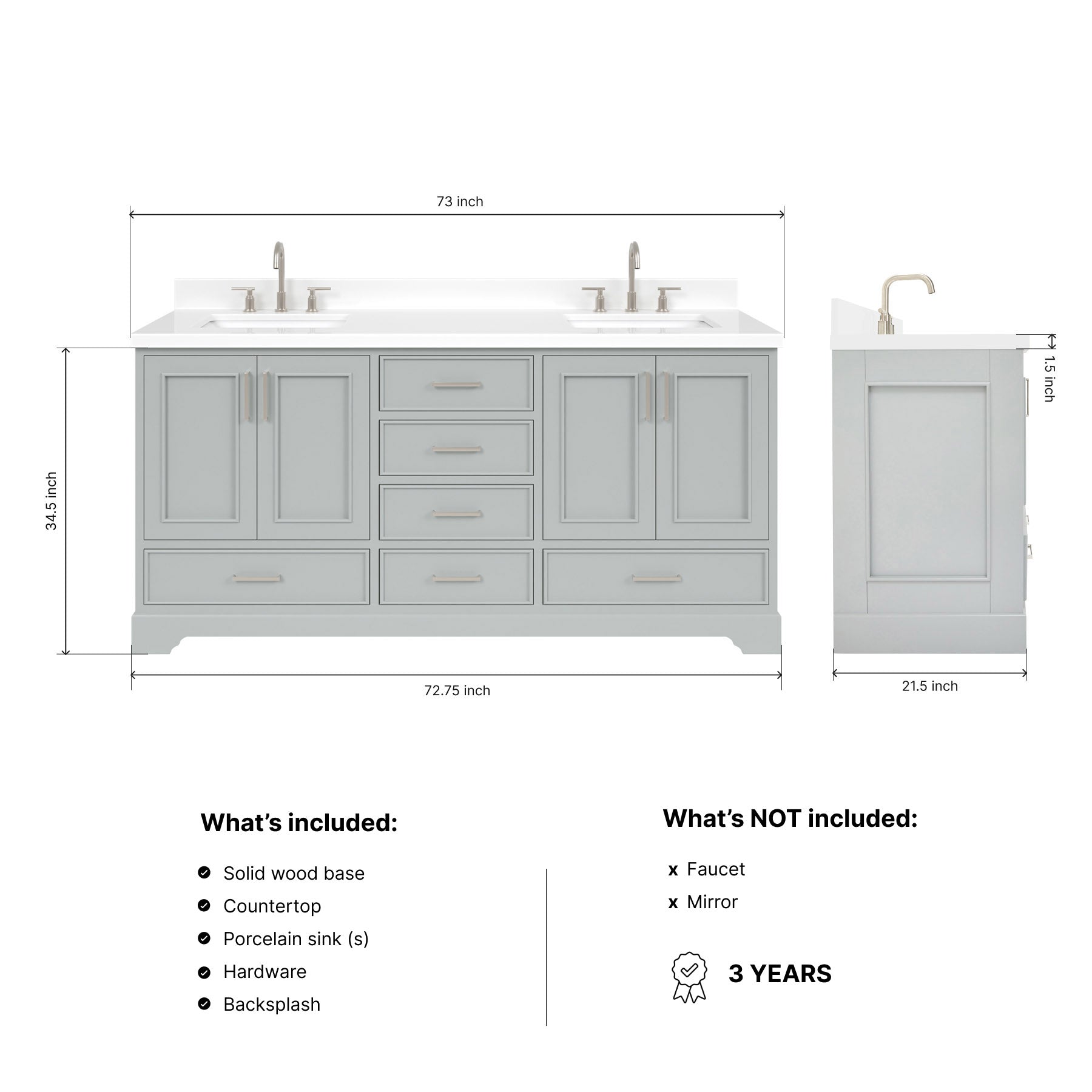 Langford 72-inch Grey bathroom vanity on dimensions
