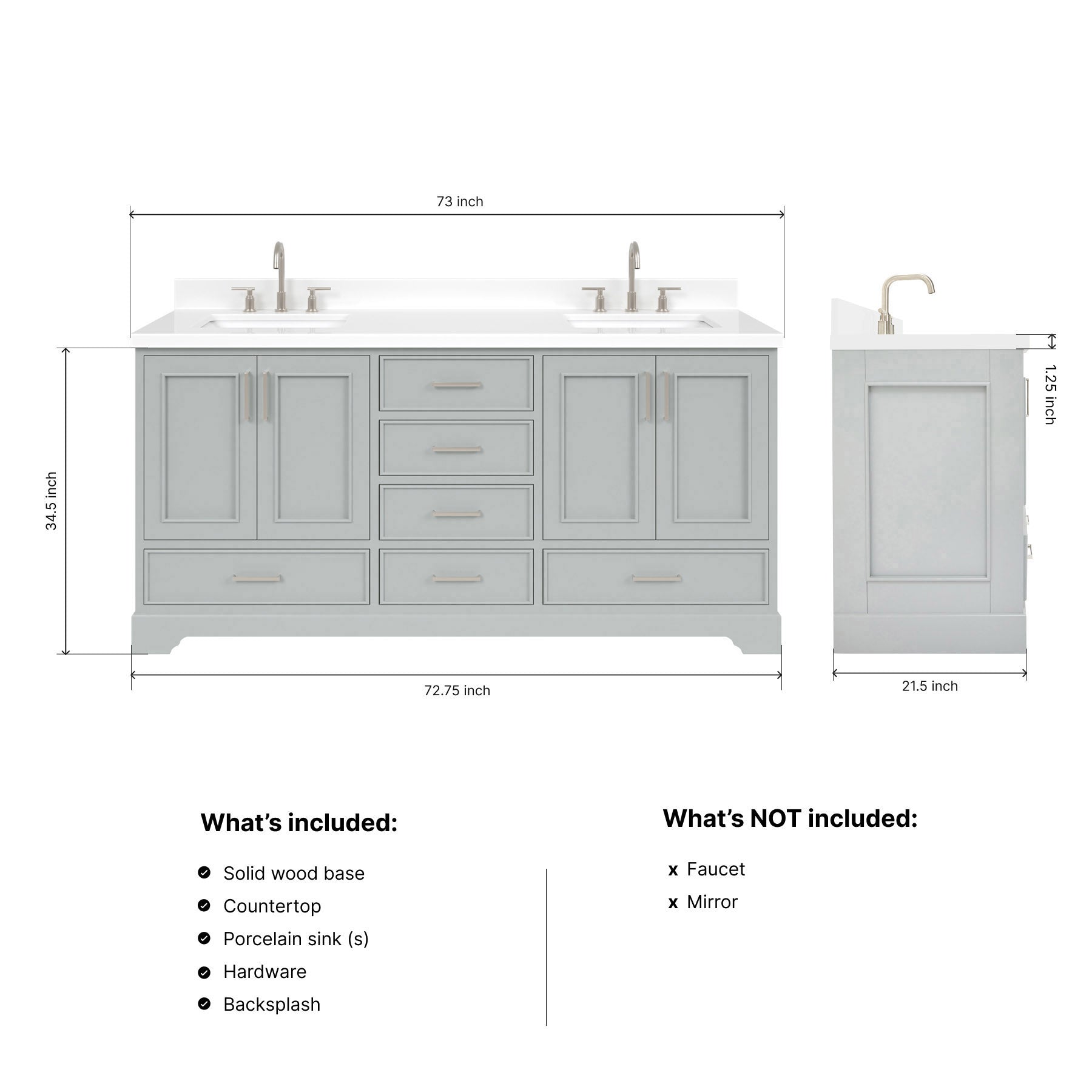 Langford 72-inch Grey bathroom vanity on dimensions