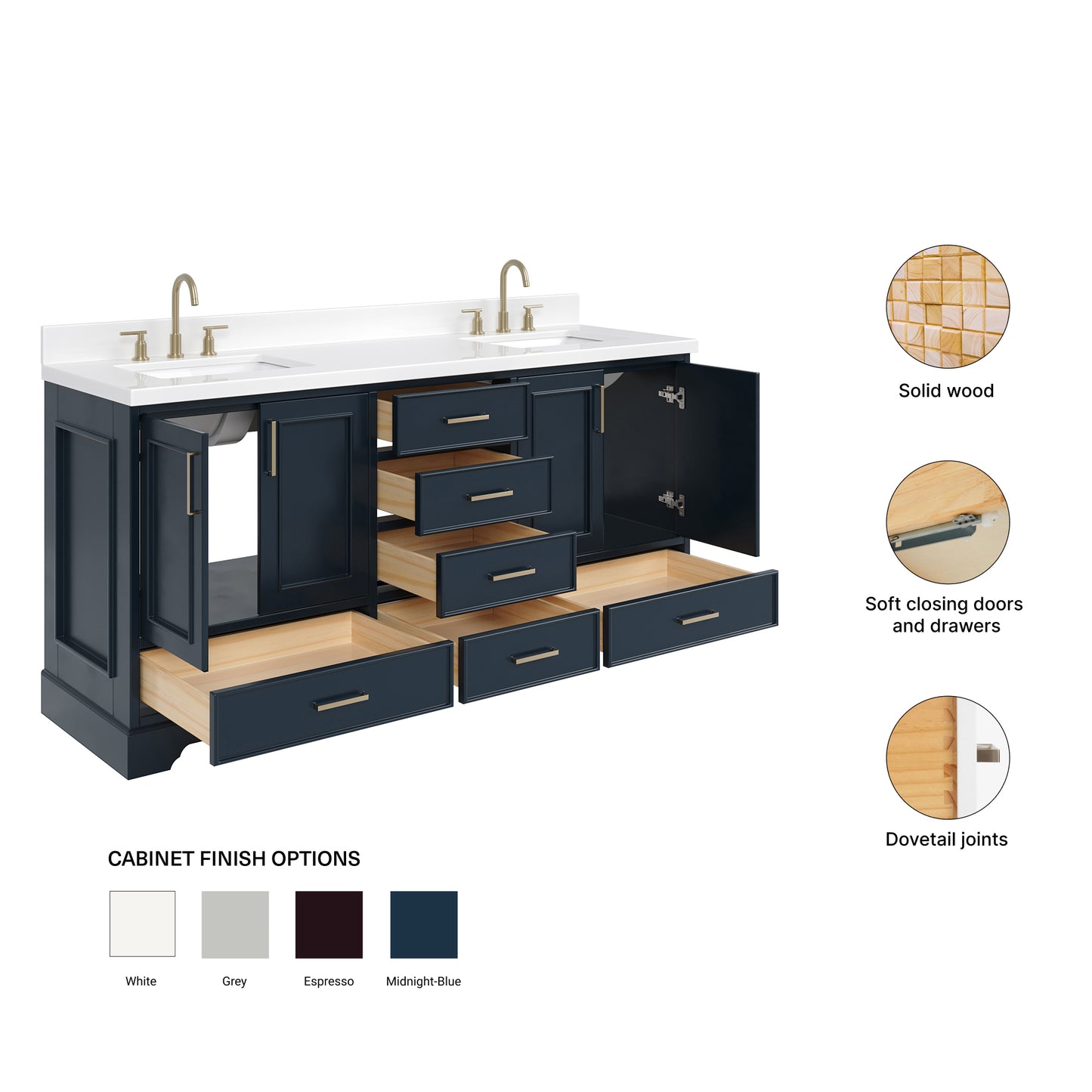 Langford 72-inch Midnight Blue bathroom vanity on feature highlights: solid wood frame, soft-close doors and drawers, Sherwin-Williams paint finish