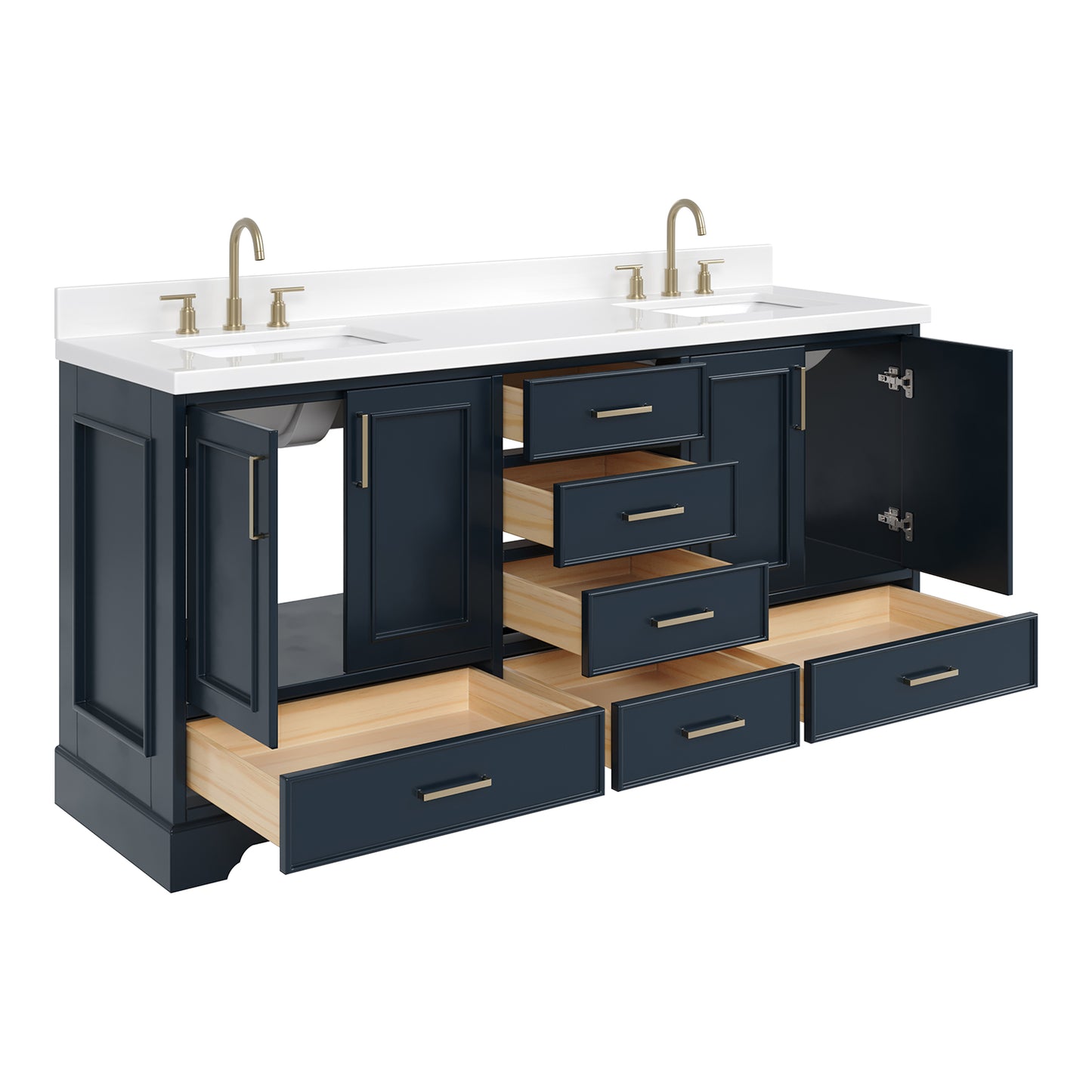 Langford 72-inch Midnight Blue bathroom vanity on white back ground side view open door