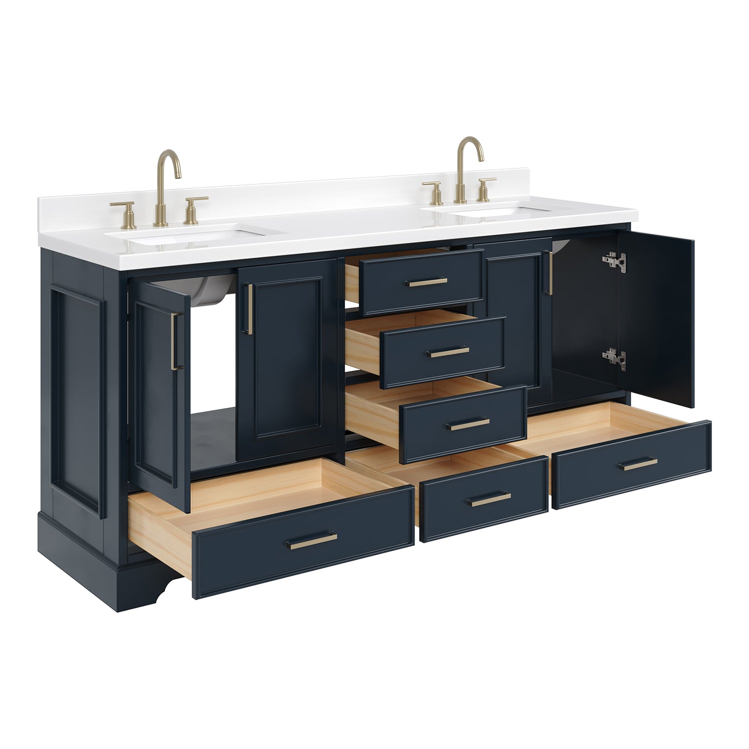 Langford 72-inch Midnight Blue bathroom vanity on white back ground side view open door