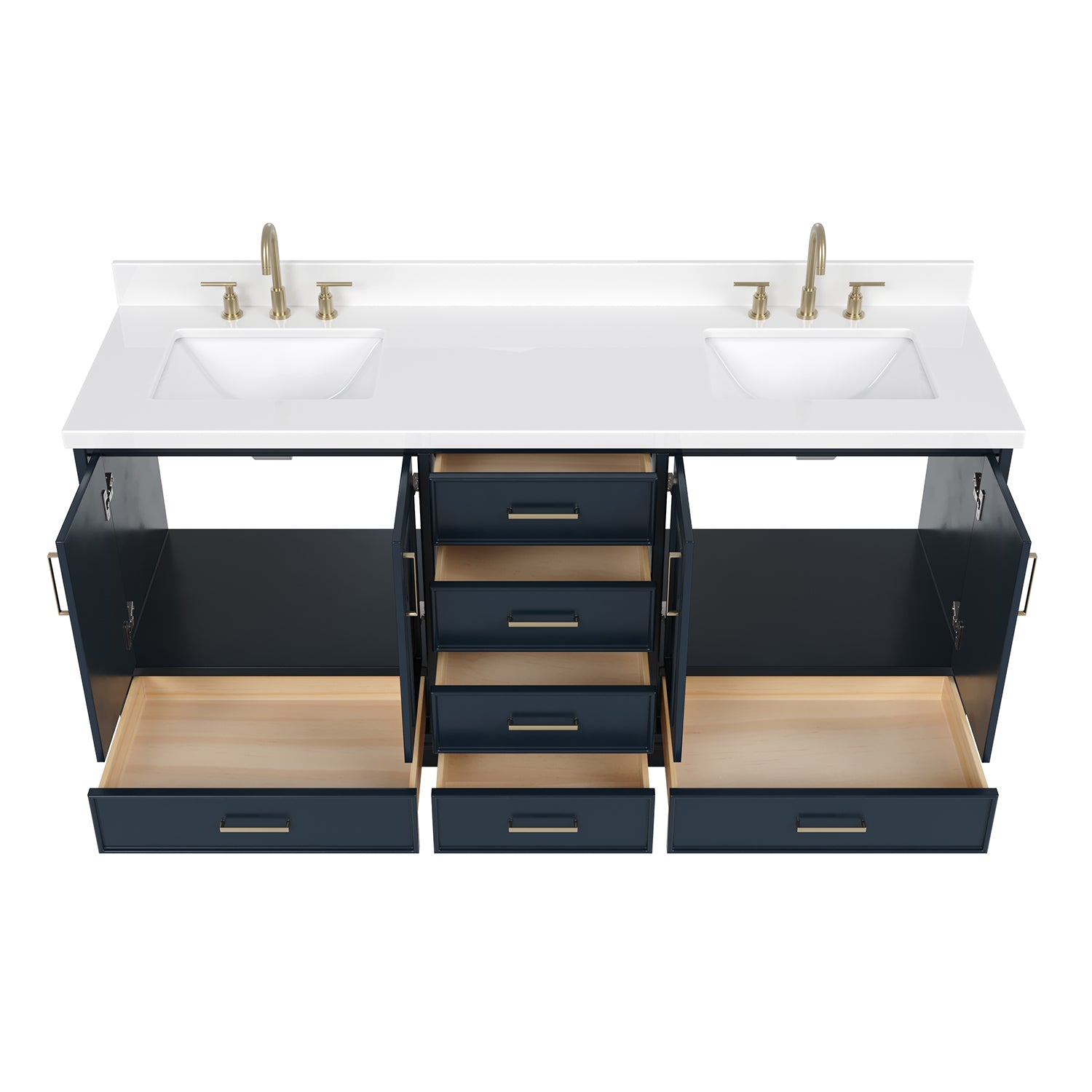 Langford 72-inch Midnight Blue bathroom vanity on white back ground front view open door
