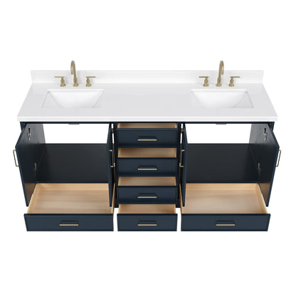 Langford 72-inch Midnight Blue bathroom vanity on white back ground front view open door