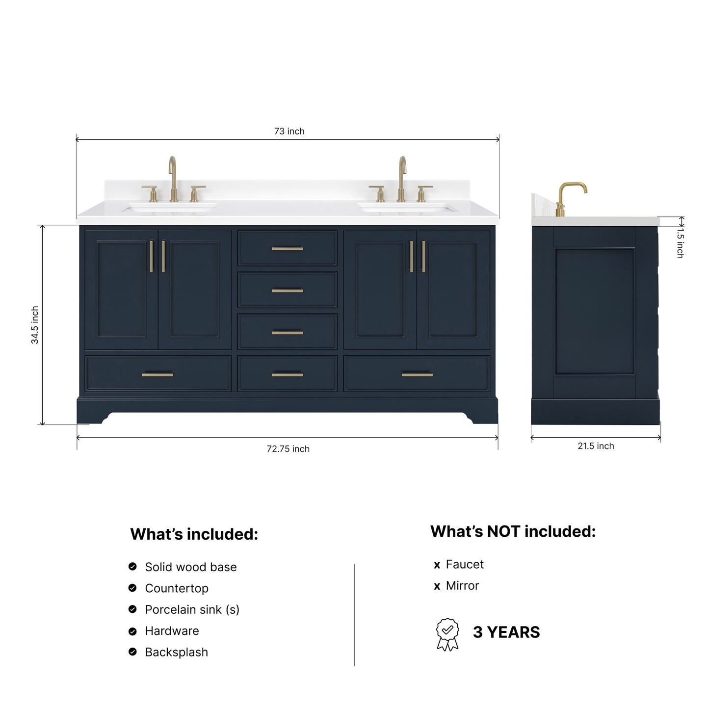 Langford 72-inch Midnight Blue bathroom vanity on dimensions