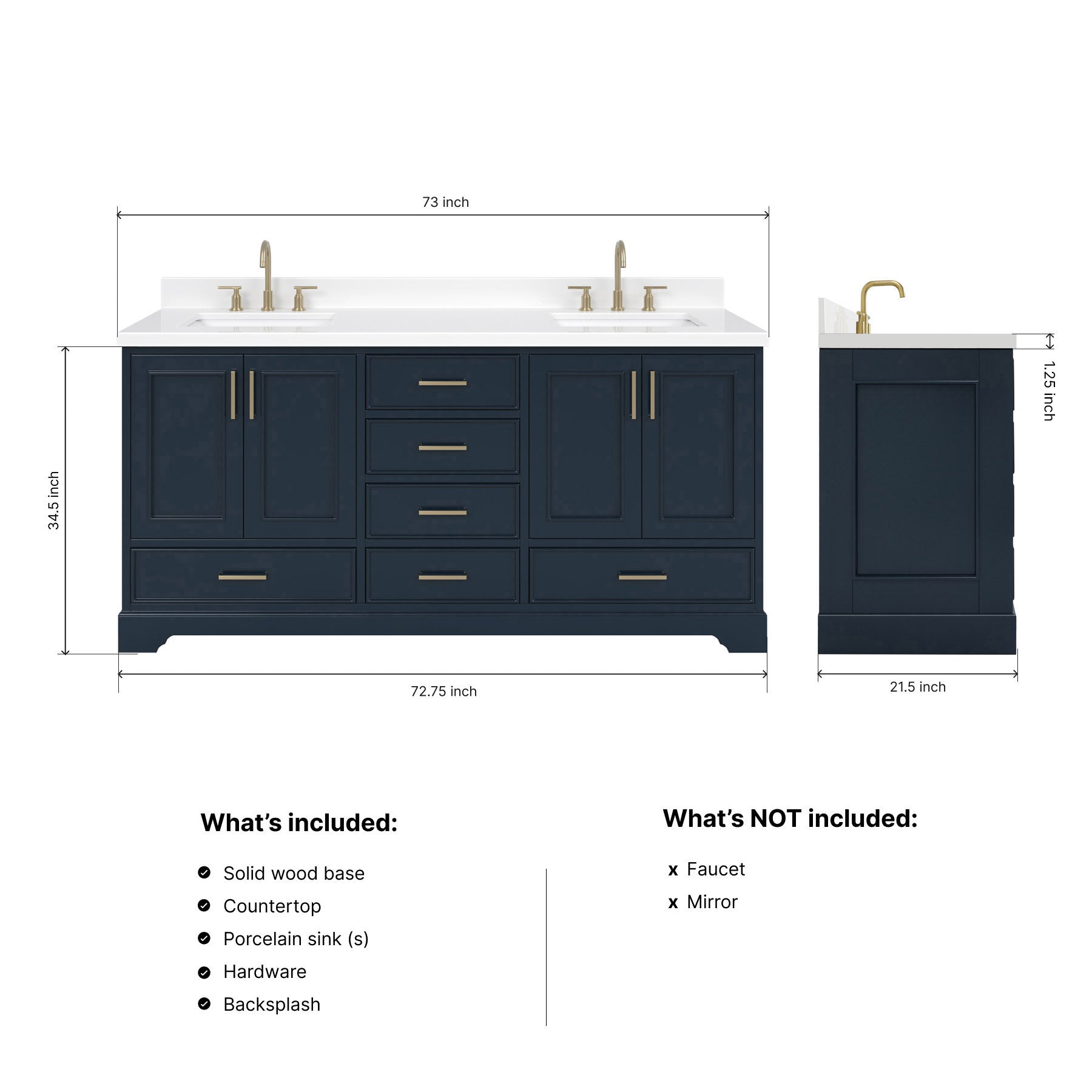 Langford 72-inch Midnight Blue bathroom vanity on dimensions