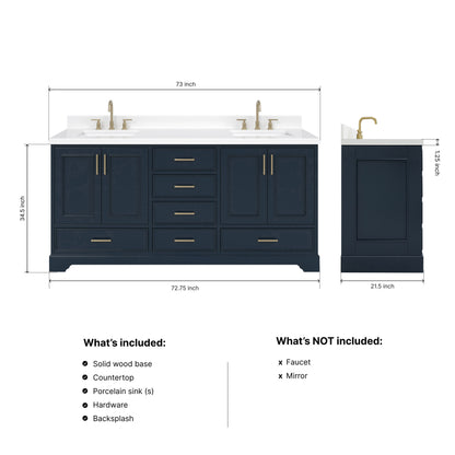 Langford 72-inch Midnight Blue bathroom vanity on dimensions