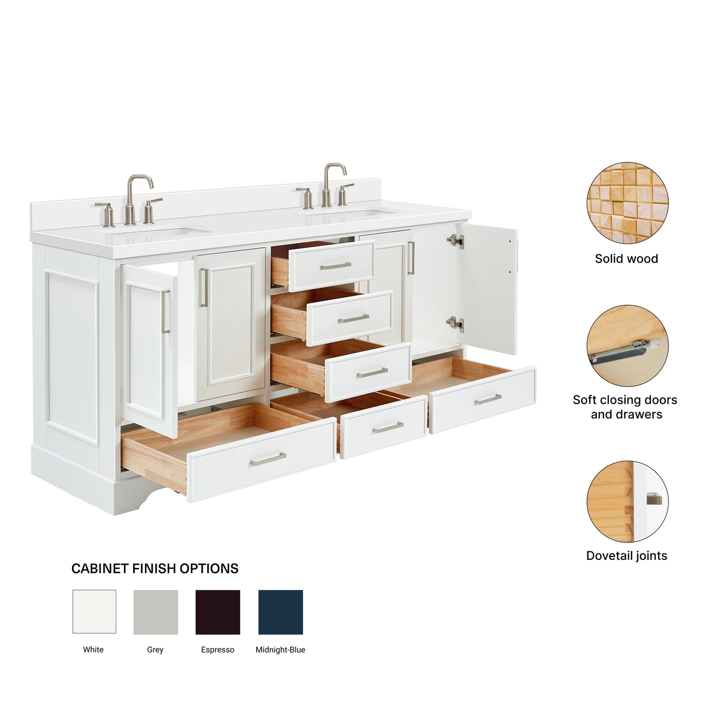 Langford 72-inch White bathroom vanity on feature highlights: solid wood frame, soft-close doors and drawers, Sherwin-Williams paint finish