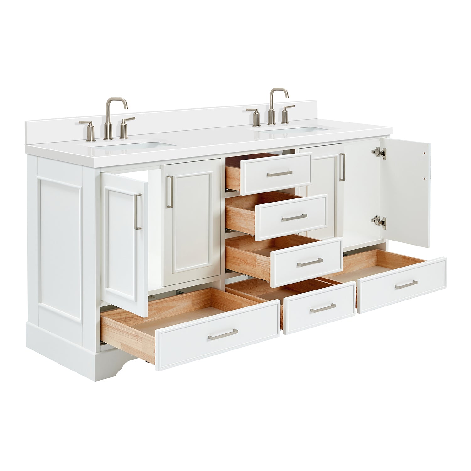 Langford 72-inch White bathroom vanity on white back ground side view open door