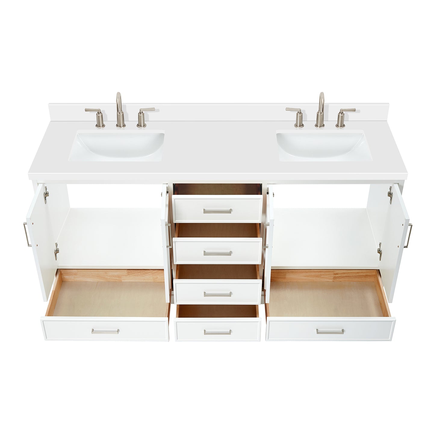 Langford 72-inch White bathroom vanity on white back ground front view open door