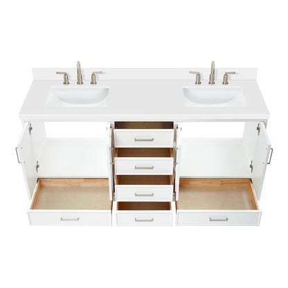 Langford 72-inch White bathroom vanity on white back ground front view open door