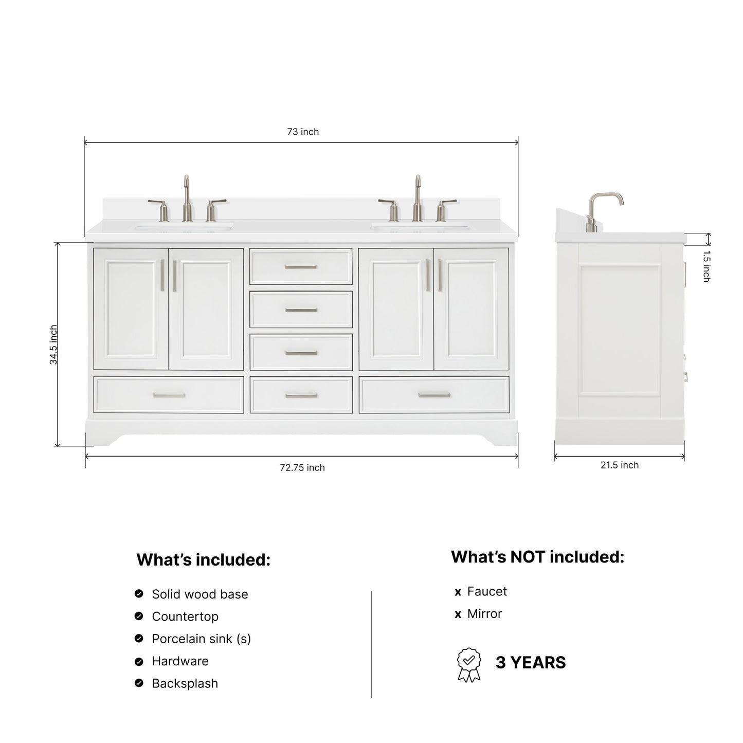 Langford 72-inch White bathroom vanity on dimensions