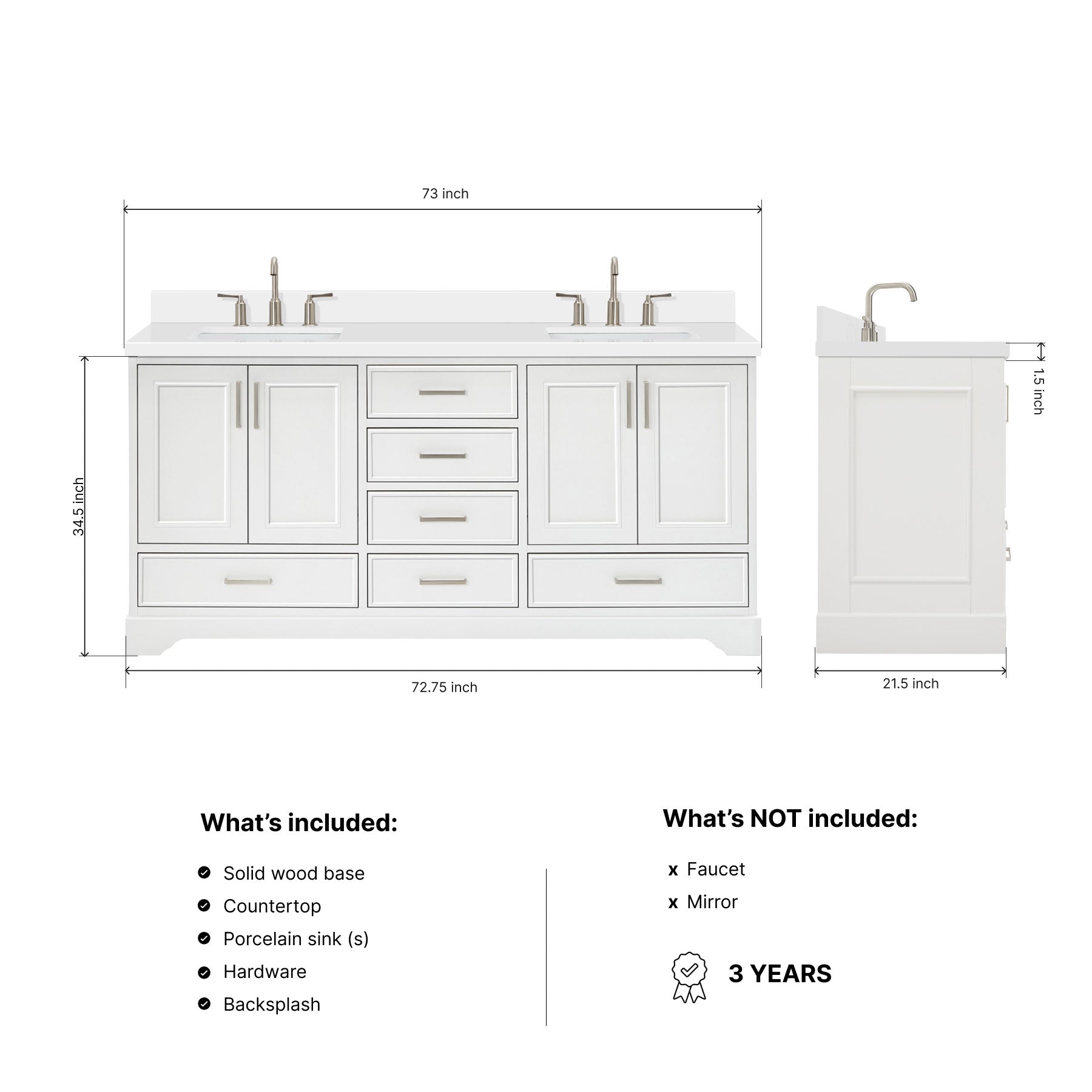 Langford 72-inch White bathroom vanity on dimensions