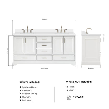 Langford 72-inch White bathroom vanity on dimensions