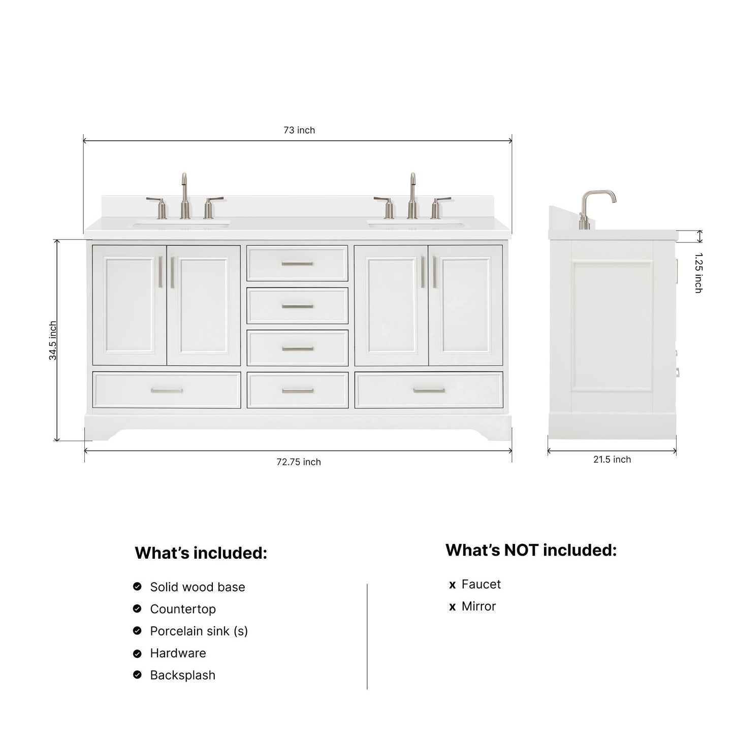 Langford 72-inch White bathroom vanity on dimensions
