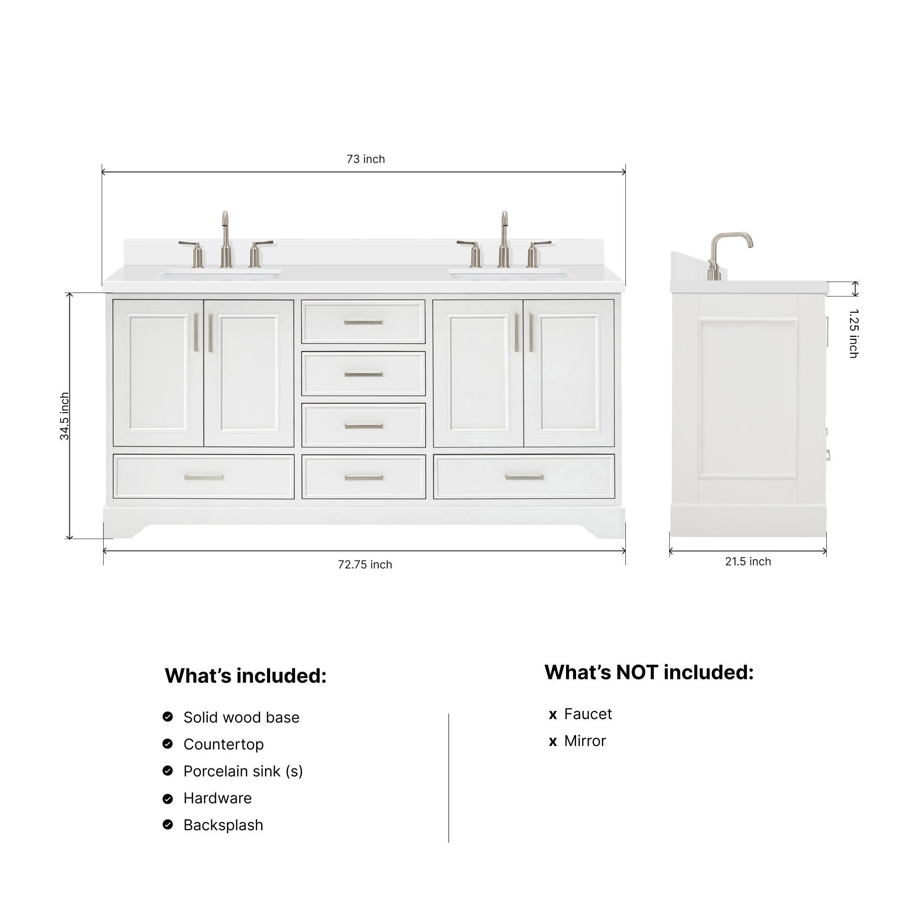 Langford 72-inch White bathroom vanity on dimensions