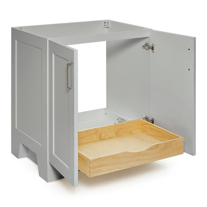 Emilia 30-inch Grey base cabinet on white back ground side view open door