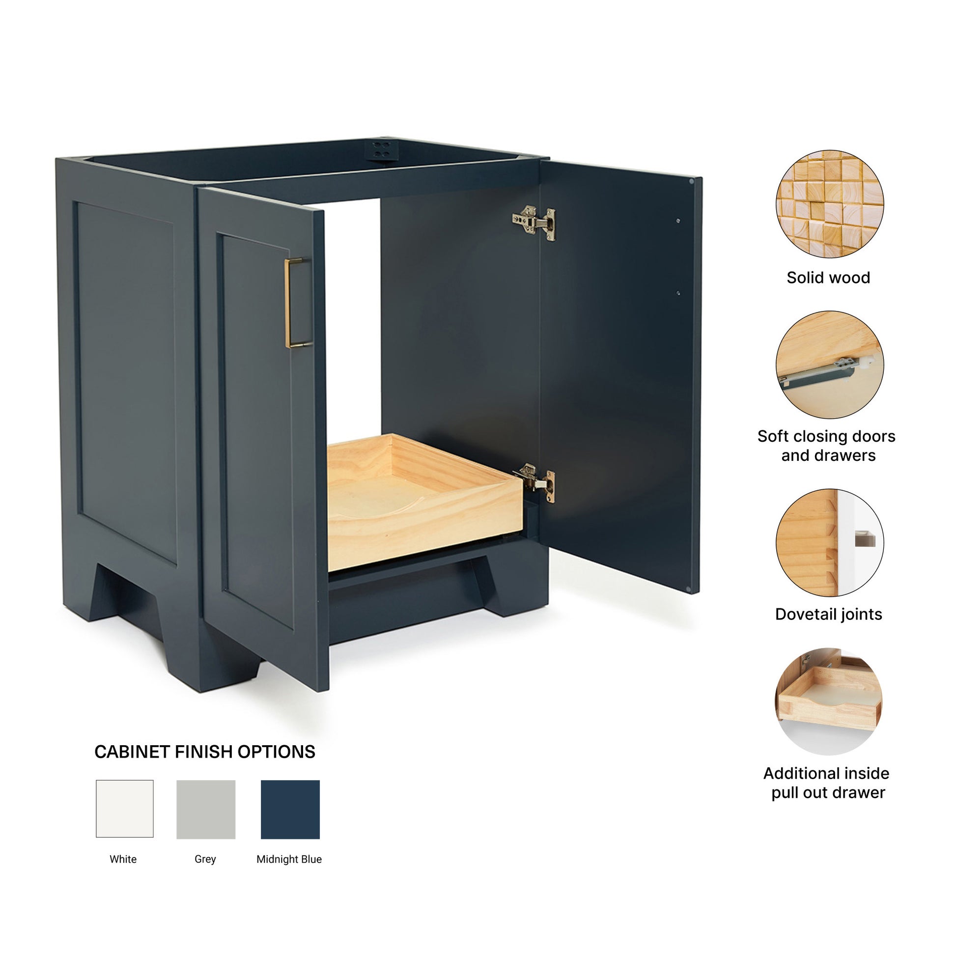 Emilia 30-inch Midnight Blue base cabinet on feature highlights: solid wood frame, soft-close doors and drawers, Sherwin-Williams paint finish