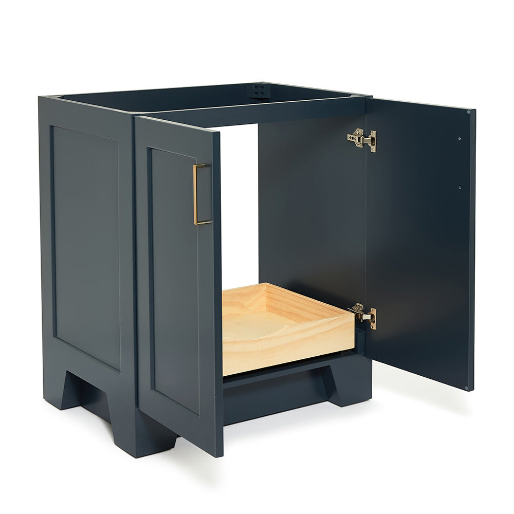 Emilia 30-inch Midnight Blue base cabinet on white back ground side view open door