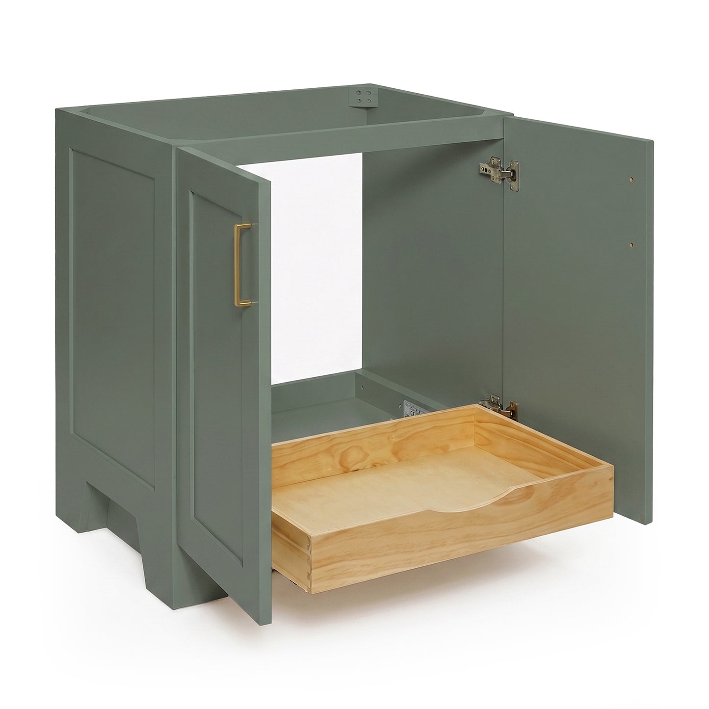 Emilia 30-inch Vintage Green base cabinet on white back ground side view open door