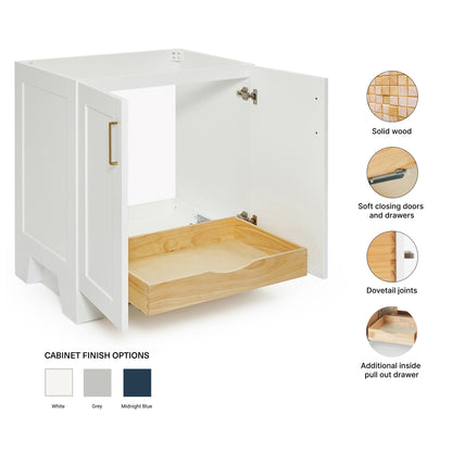 Emilia 30-inch White base cabinet on feature highlights: solid wood frame, soft-close doors and drawers, Sherwin-Williams paint finish