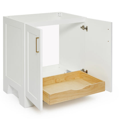 Emilia 30-inch White base cabinet on white back ground side view open door