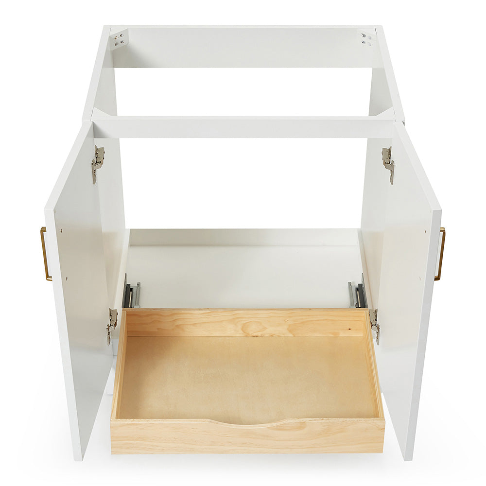 Emilia 30-inch White base cabinet on white back ground front view open door