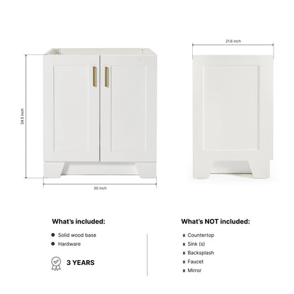 Emilia 30-inch White base cabinet on dimensions