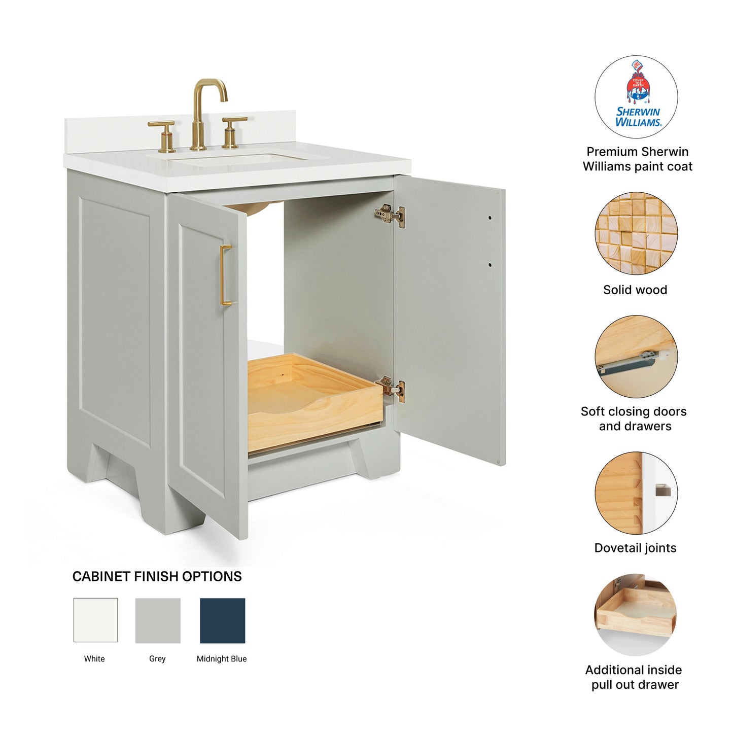 Emilia 30-Inch Grey bathroom vanity – feature highlights: solid wood frame, soft-close doors and drawers, Sherwin-Williams paint finish
