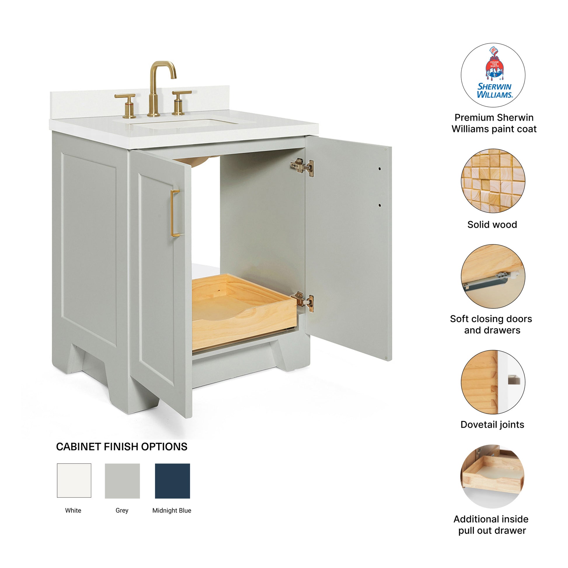 Emilia 30-Inch Grey bathroom vanity – feature highlights: solid wood frame, soft-close doors and drawers, Sherwin-Williams paint finish