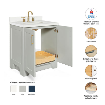 Emilia 30-Inch Grey bathroom vanity – feature highlights: solid wood frame, soft-close doors and drawers, Sherwin-Williams paint finish