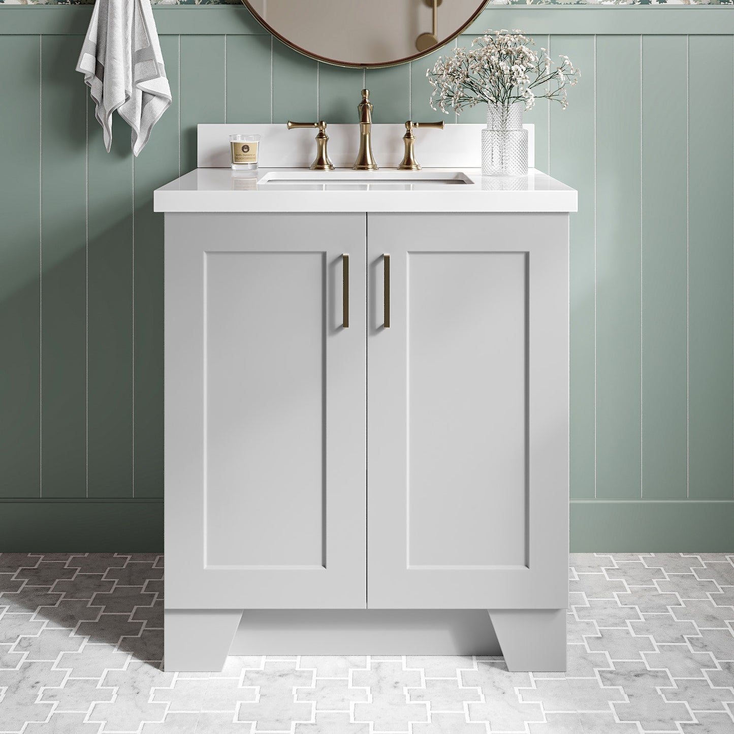 Emilia 30-Inch Grey bathroom vanity in styled bathroom setting
