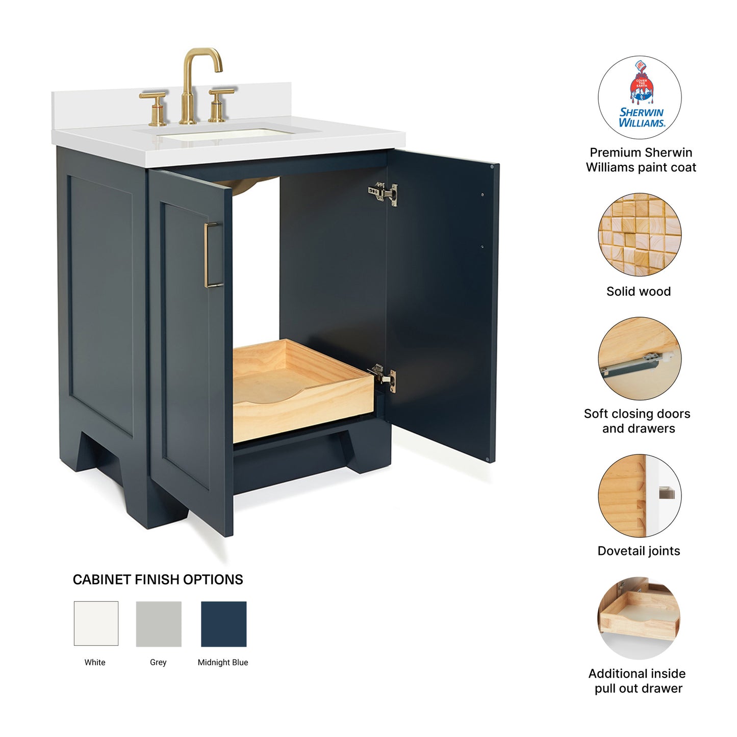 Emilia 30-Inch Midnight Blue bathroom vanity – feature highlights: solid wood frame, soft-close doors and drawers, Sherwin-Williams paint finish