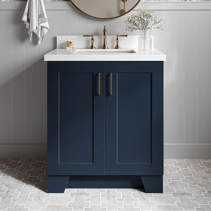 Emilia 30-Inch Midnight Blue bathroom vanity in styled bathroom setting