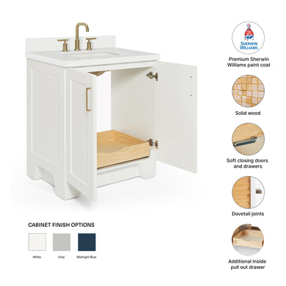 Emilia 30-Inch White bathroom vanity – feature highlights: solid wood frame, soft-close doors and drawers, Sherwin-Williams paint finish