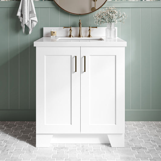 Emilia 30-Inch White bathroom vanity in styled bathroom setting