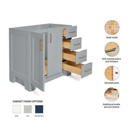 Emilia 36-inch Grey base cabinet on feature highlights: solid wood frame, soft-close doors and drawers, Sherwin-Williams paint finish