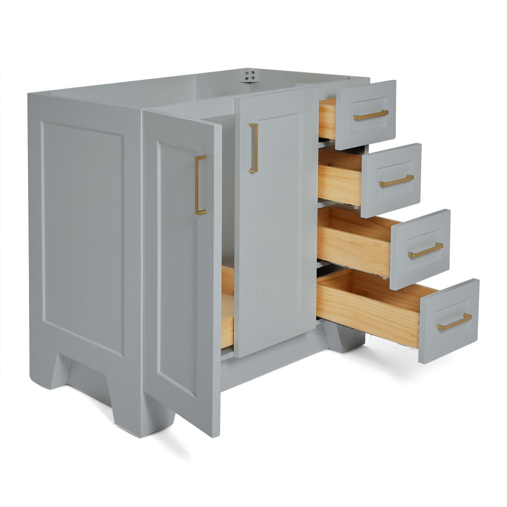 Emilia 36-inch Grey base cabinet on white back ground side view open door
