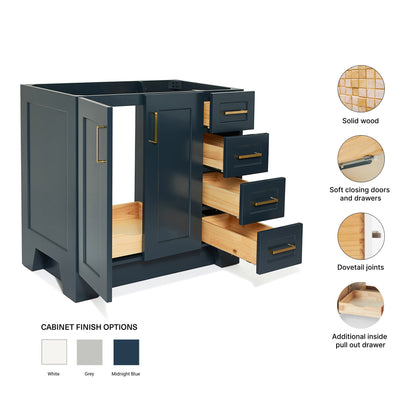 Emilia 36-inch Midnight Blue base cabinet on feature highlights: solid wood frame, soft-close doors and drawers, Sherwin-Williams paint finish